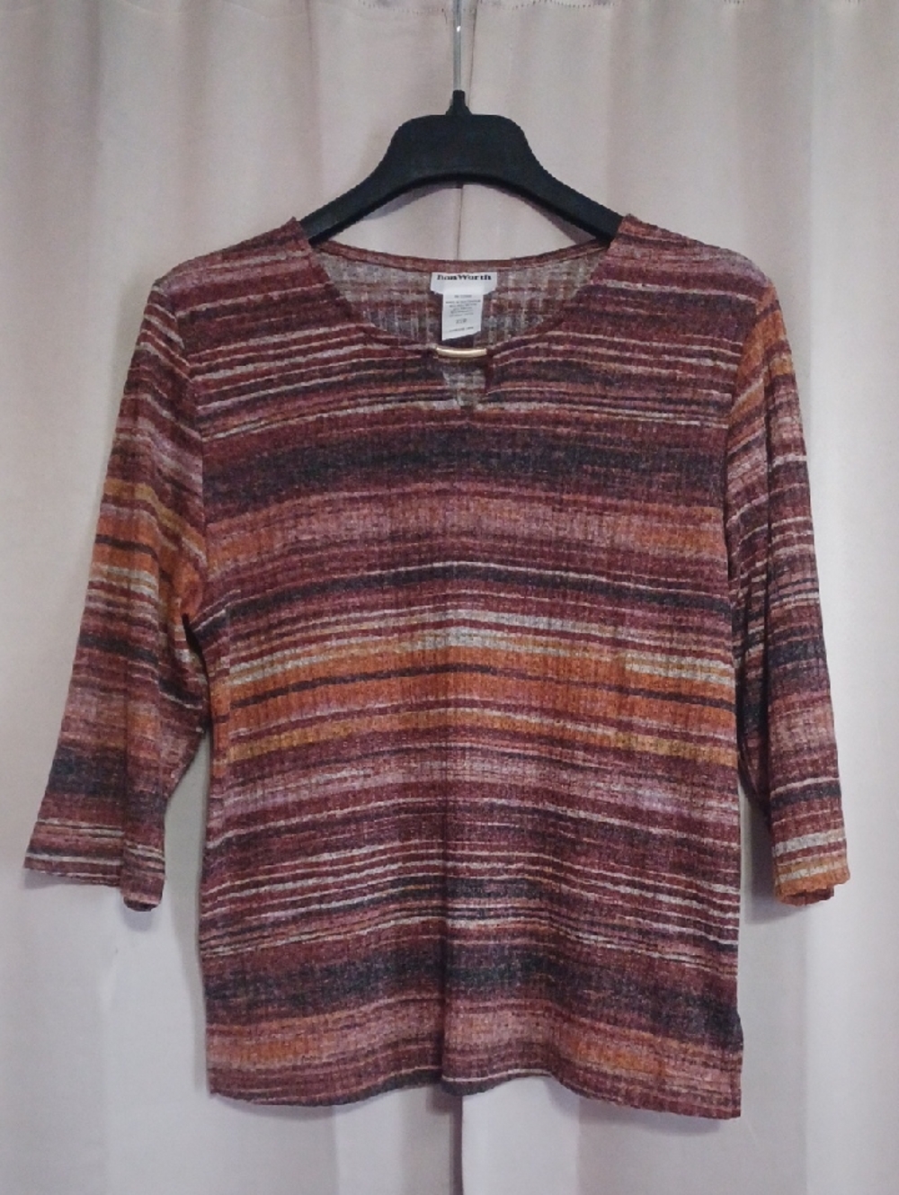 Bon Worth Petites Striped Knit Top Earthtones Metal Accent Neckline 3/4 Sleeve